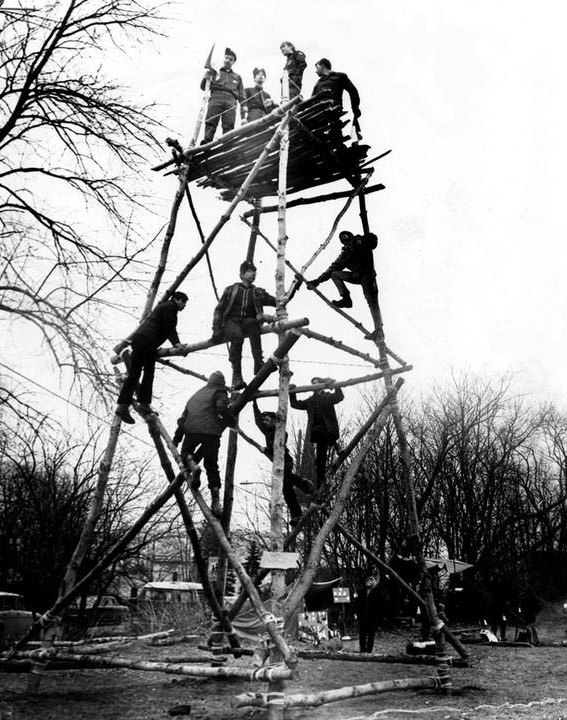 Staten Island Explorer Scouts Mark End Of Boy Scout Week By Building Watch Tower And Monkey Bridge At Pouch Camp, 1970.