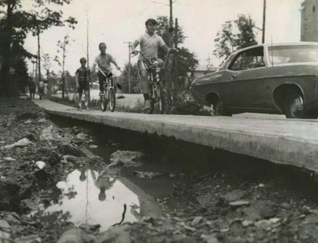 Newly Installed Sidewalk On Richmond Avenue Looks Like A Bridge Over Troublesome Water After A Flood, 1971.