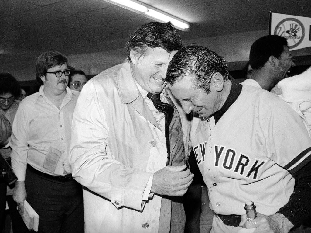 George Steinbrenner Congratulates Billy Martin, Yankees Win Al Championship, Oct 9, 1977.