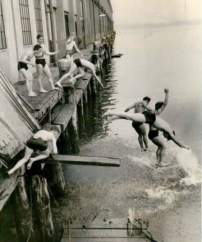 Youngsters Swimming Off Pier 6, Before It Became Cromwell Recreation Center, 1940.