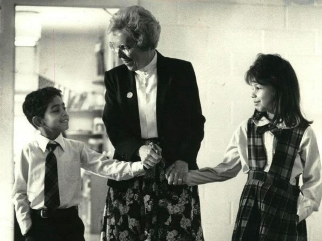 Sister Kathleen Sullivan With Students At St. Sylvester'S School, 1989