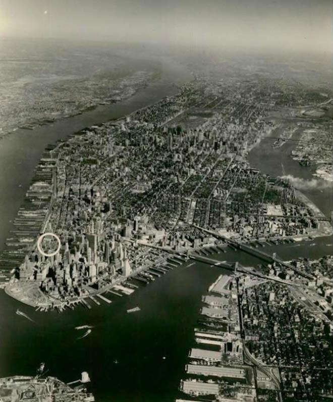 Aerial View Of Manhattan, Noting The Future Site Of The World Trade Center, Circa 1965.