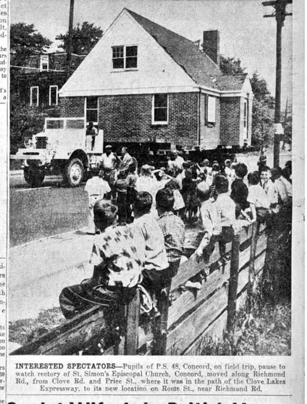 Pupils Of P.s. 48, Concord, Watch Rectory Of St. Simon'S Episcopal Church Move Along Richmond Road, 1959.