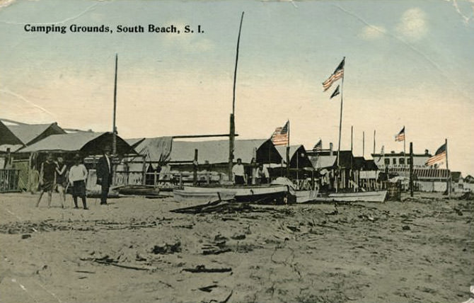 Camping Grounds, South Beach, Staten Island, People In Front Of Cottages With Flags, 1910S.