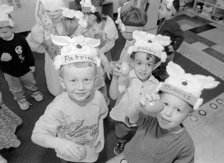 Preschoolers Display Eggs At Tender Care Preschool'S Easter Egg Hunt, 1998.