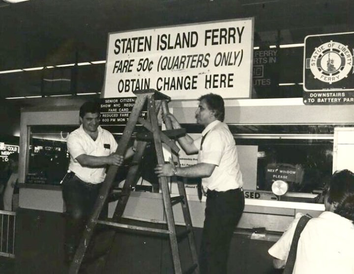 Staten Island Ferry Fare History, Anthony Mancino And Robert Massaroni Unveiling A Sign For The New Fare, 1990.