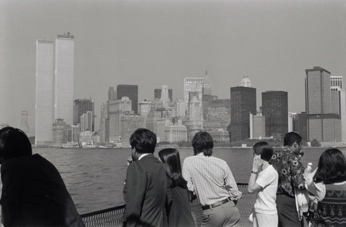 Staten Island Ferry With The World Trade Center Under Construction, 1970.