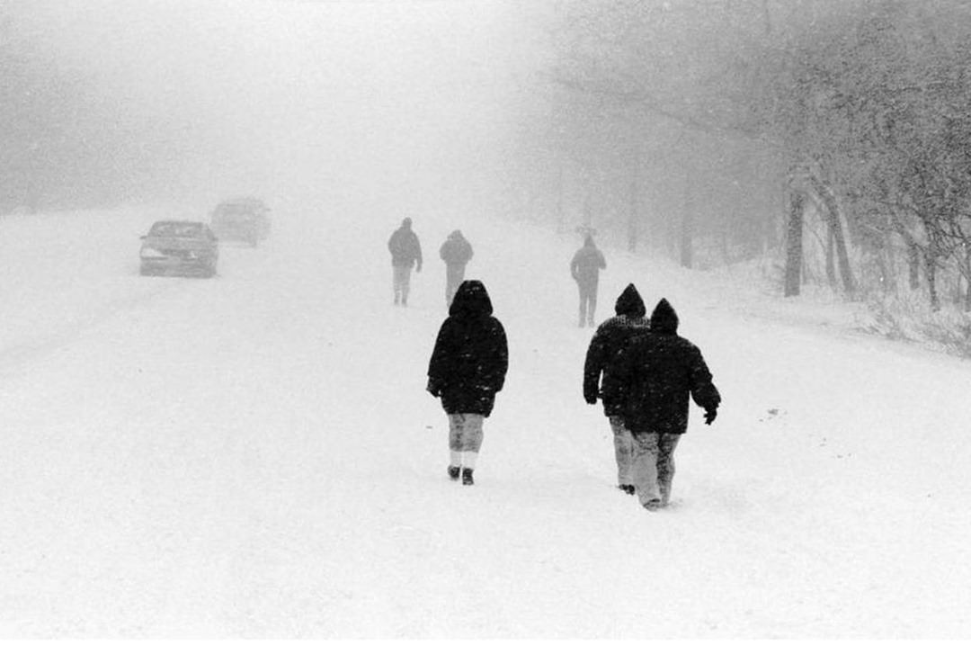 The Blizzard Of '96 Slams Nyc, Pedestrians Share Snow-Covered Hylan Boulevard With Cars In Huguenot, 1996.