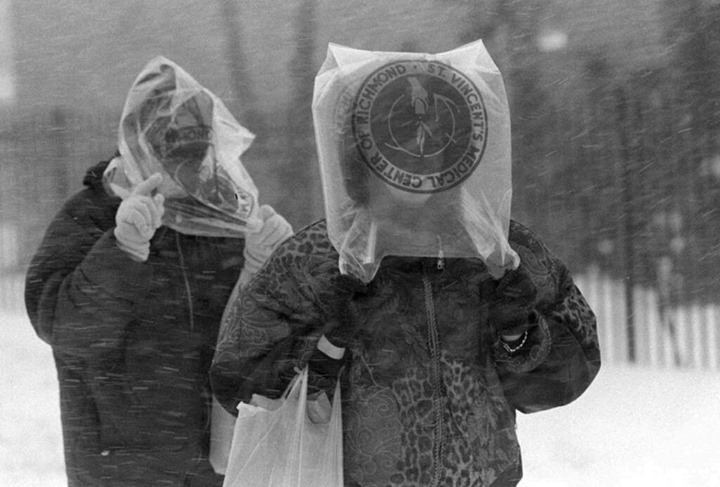 Angela Desanno And Jean Degaetano Wearing Plastic Bags To Keep Out The Blizzard, Jan 8, 1996.