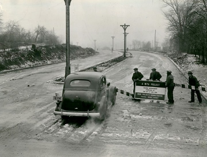 Wpa Laborers Remove Barrier For First Car On Ramona Boulevard At Huguenot Avenue, 1939.