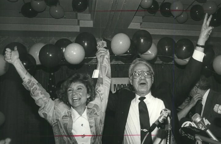 Congresswoman-Elect Susan Molinari Celebrates Her Election Victory With Her Father, Guy Molinari, Borough President Of Staten Island, March 21, 1990