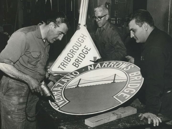 Workers In Sign Shop Making Signs For Verrazano-Narrows And Triborough Bridges, Including Louis Longo, Frank Godino, And Andrew Vitulano, 1966.