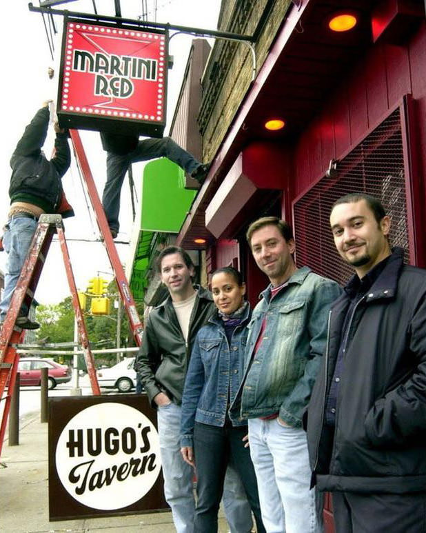 The New Martini Red Sign Installed Outside The Former Hugo'S Tavern On Van Duzer Street, With Owners Robb Huddelston, Michelle Rivera, Jim Svetz, And Manuel Rodriguez, 2002.