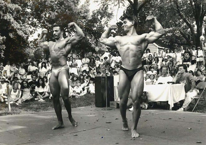 Guy Decatrel And Richard Seve Flex Their Muscles During The Bodybuilding Competition At The Richmond County Fair, 1990.