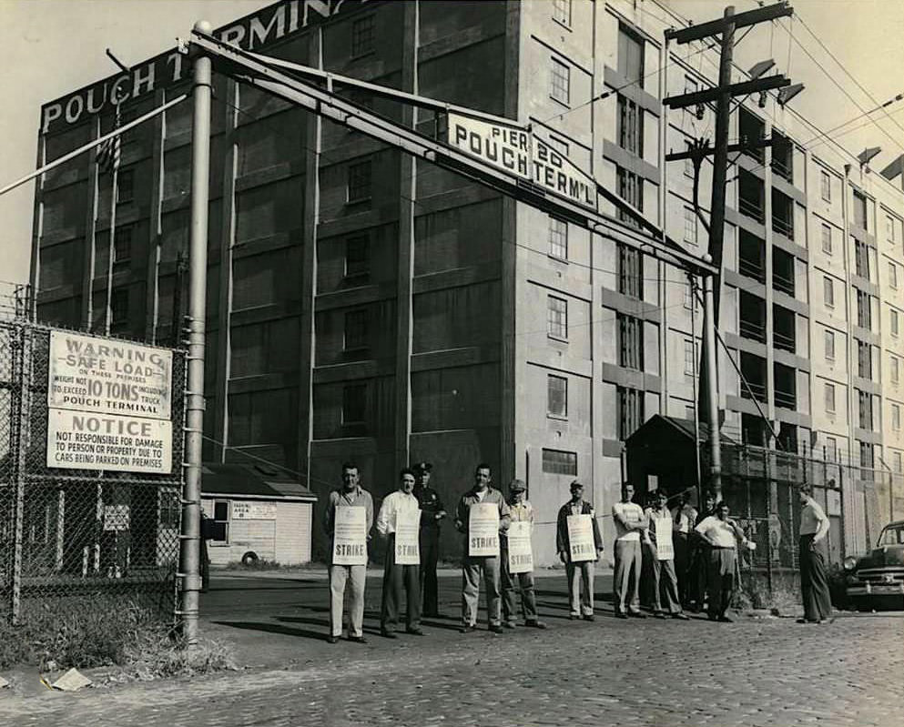 Dock Workers On Strike At Pier Number 2, Pouch Terminal Gates, 1953.