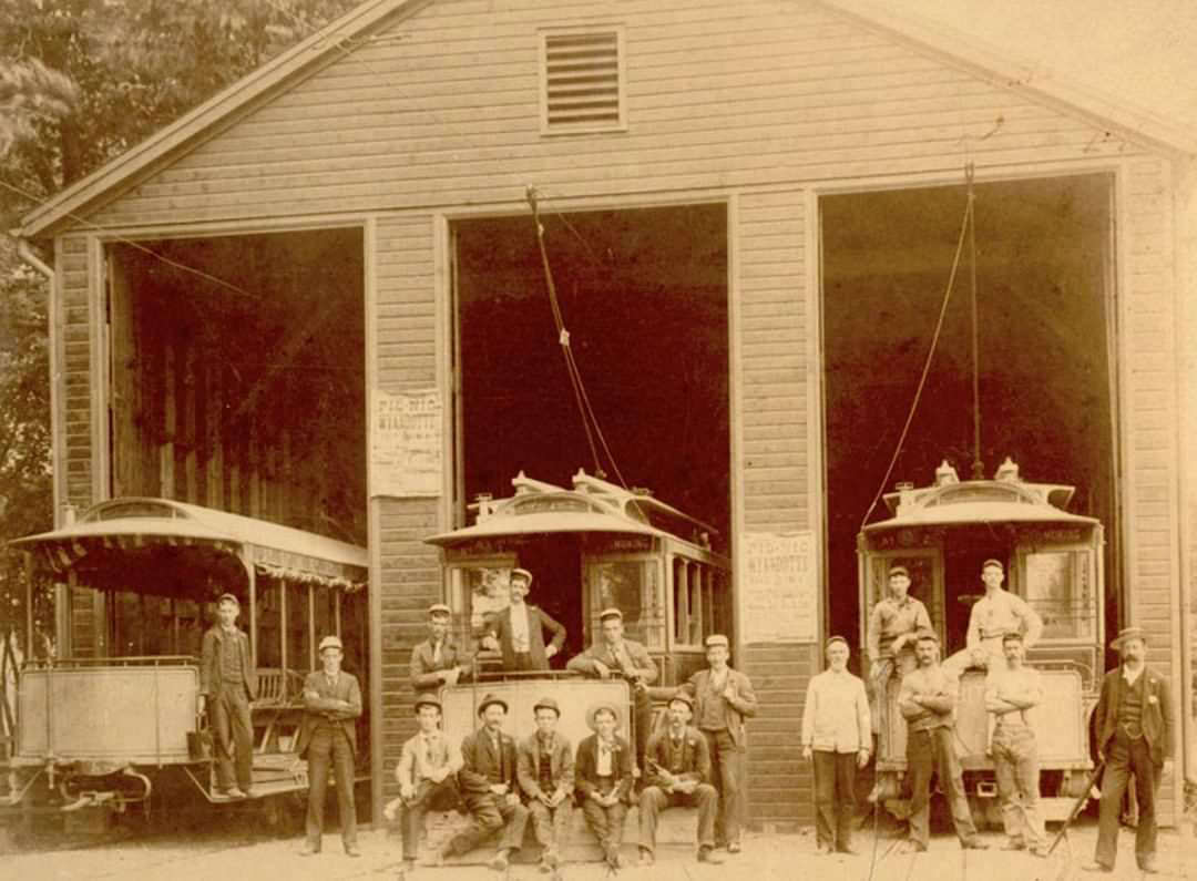 Three Trolleys And Workers At A Trolley Barn On Jewett Ave, Marked Prohibition Park, 1893.