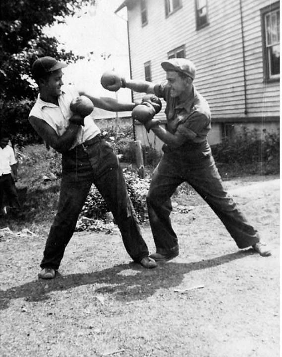 Big Lou Chrampanis And Sam Hitsous Practice Boxing In Front Of A Home On Richmond Avenue, New Springville, 1937.