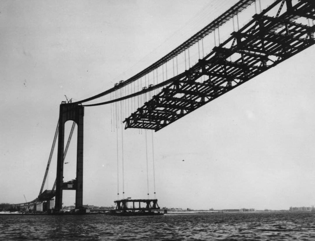 Verrazano-Narrows Bridge Truss Being Erected, Connecting Staten Island To Brooklyn, 1963.