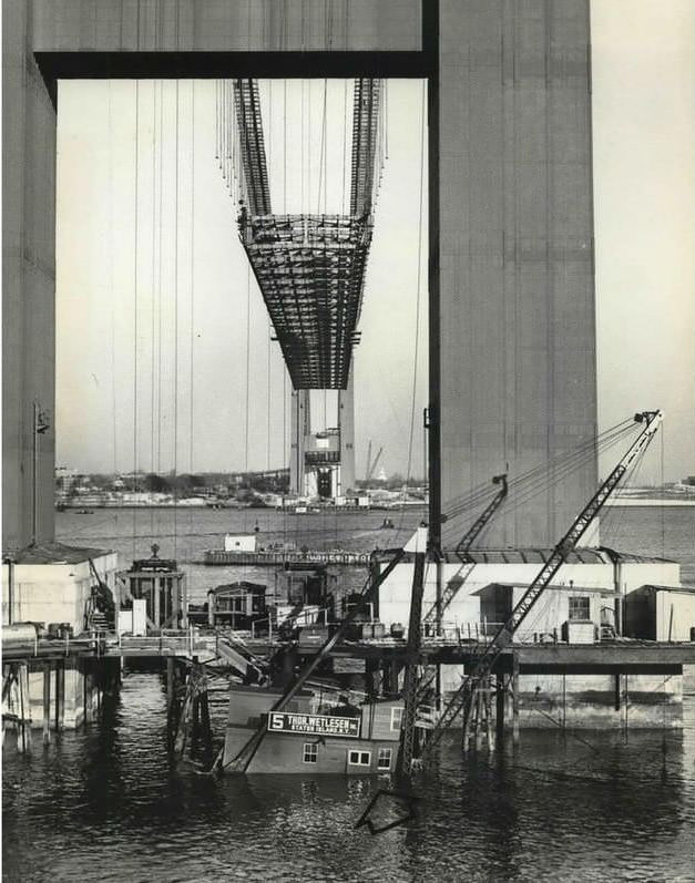 Pile Driver Half-Submerged Near Staten Island Tower Of The Verrazzano-Narrows Bridge, 1963.
