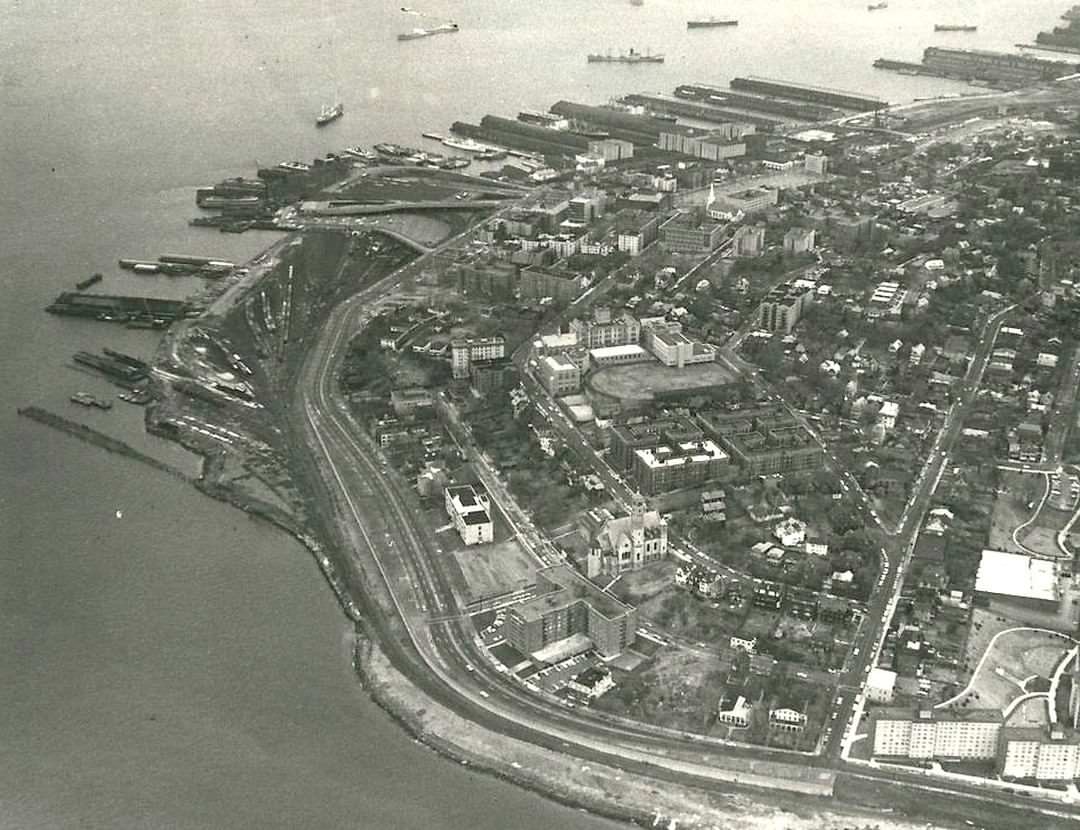 North Shore Boat Docks And City Buildings, Staten Island, 1968.