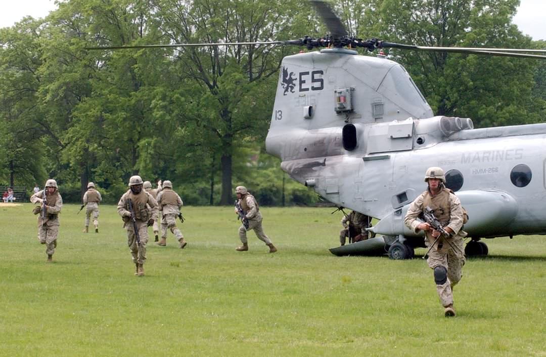 Marines Rush From Helicopters At Clove Lakes Park As Part Of Fleet Week, 2006