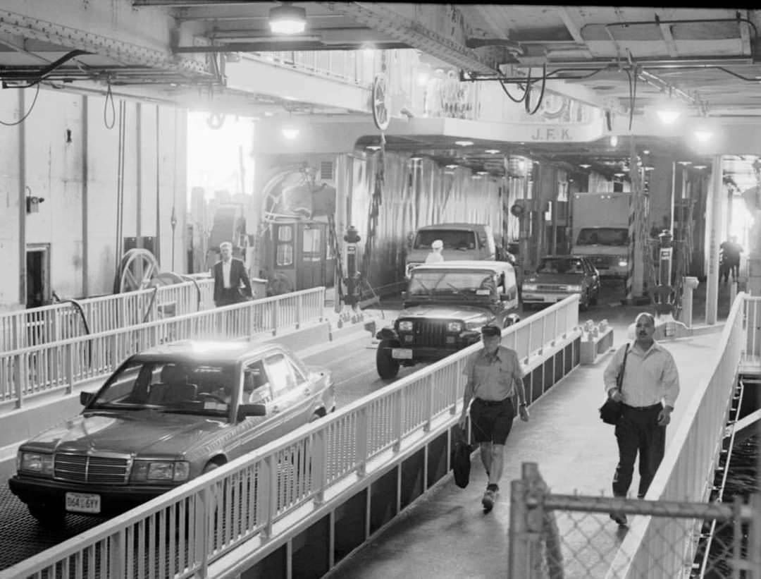 Cars Exiting The Ferry John F. Kennedy At Whitehall Terminal, 1984.