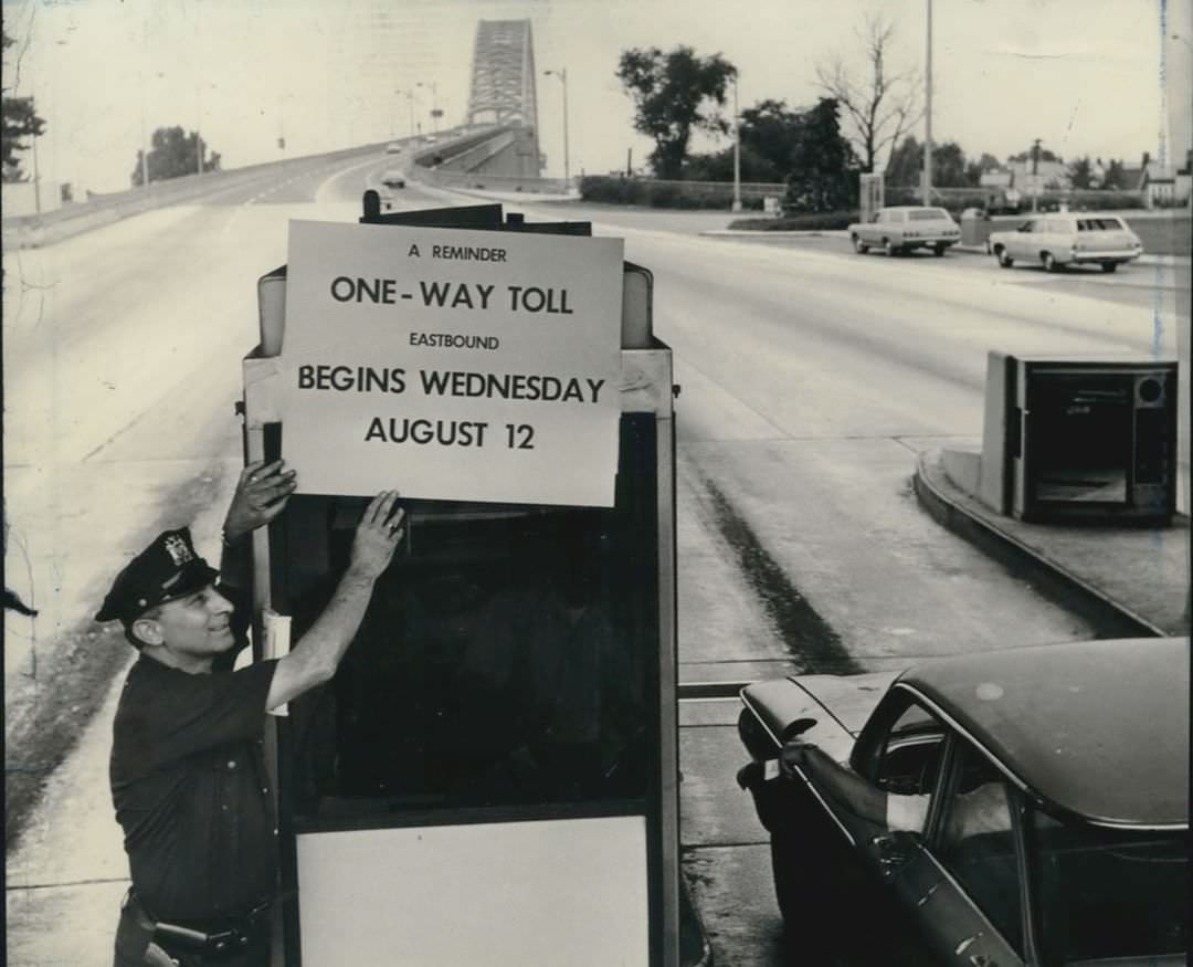 Reminder For One-Way Toll At Bayonne Bridge, 1970.