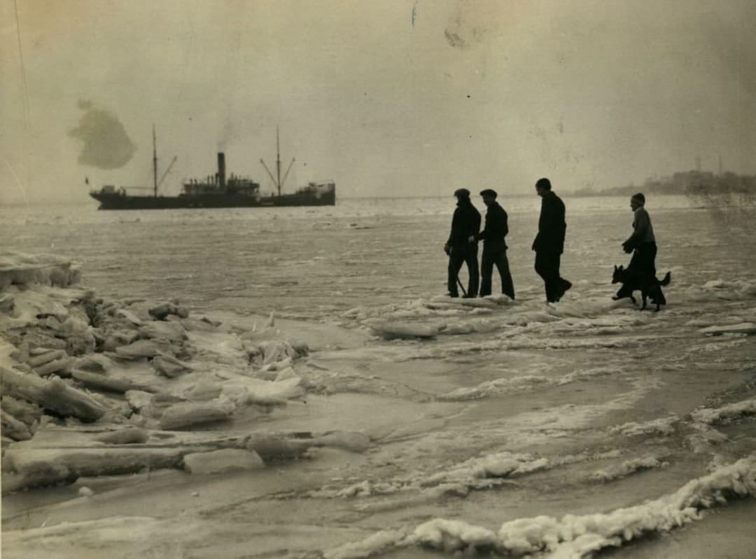 Tottenville Residents And Dog Walking On Frozen Raritan Bay, 1936