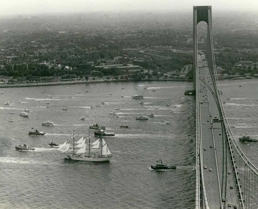 Tall Ships Participating In Operation Sail Pass The Verrazzano-Narrows Bridge, Liberty Weekend Celebrating The Centenary Of The Statue Of Liberty, 1986.