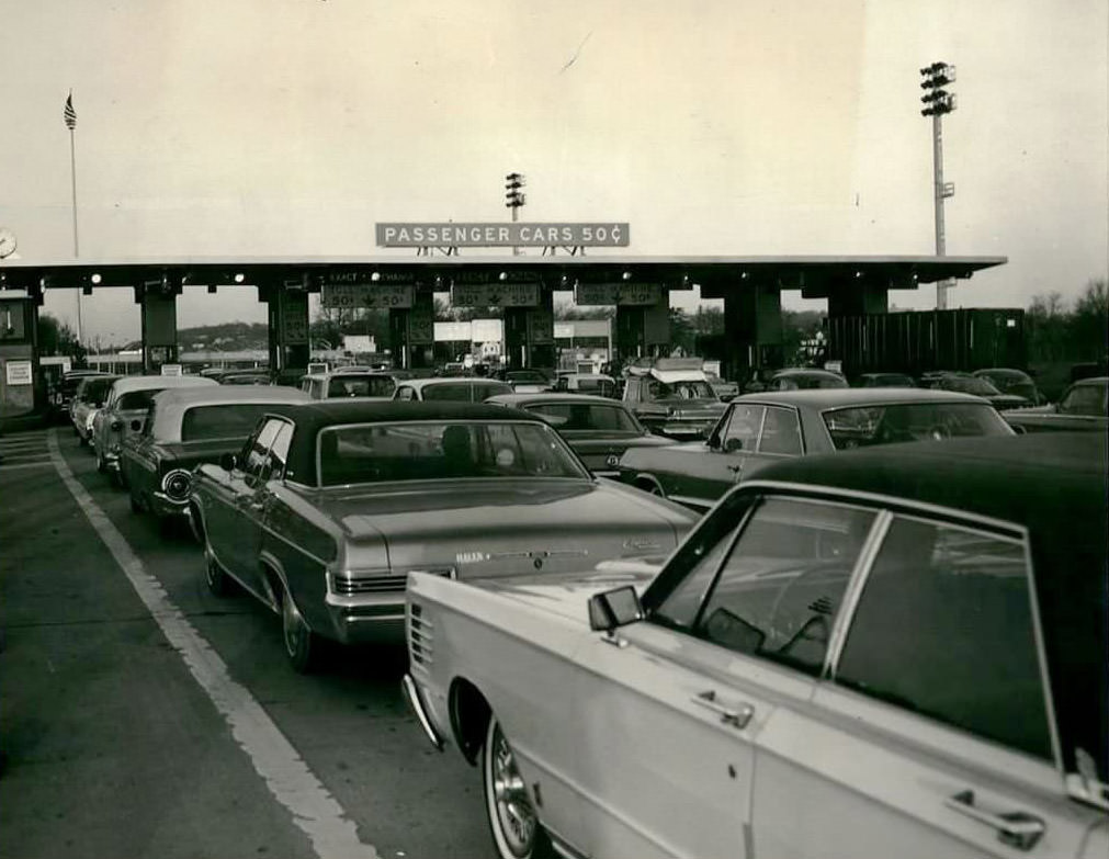 Passenger Cars Converge On The Verrazzano-Narrows Bridge Toll Plaza, 1966.