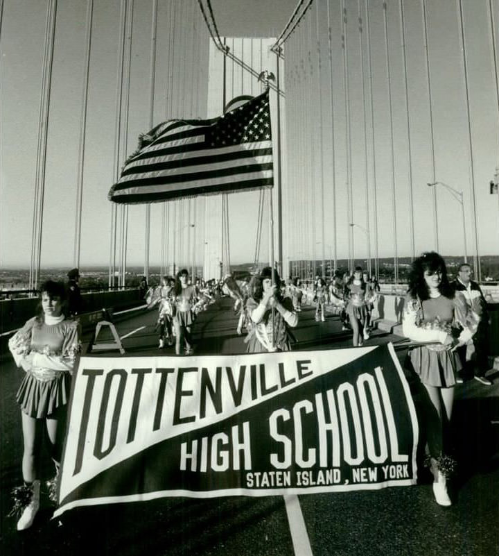 Tottenville High School Marching Band Marches Across The Verrazzano-Narrows Bridge, 1989.