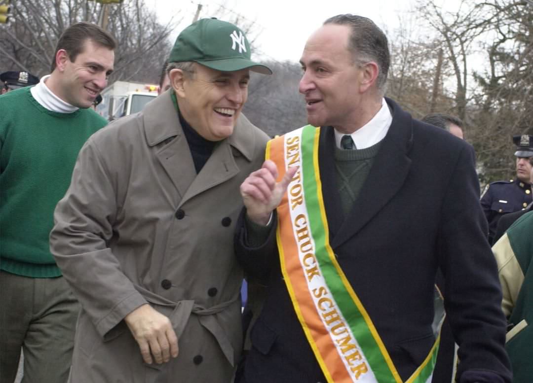 Mayor Rudolph Giuliani With Senator Chuck Schumer At Staten Island St. Pat'S Parade, 2001.