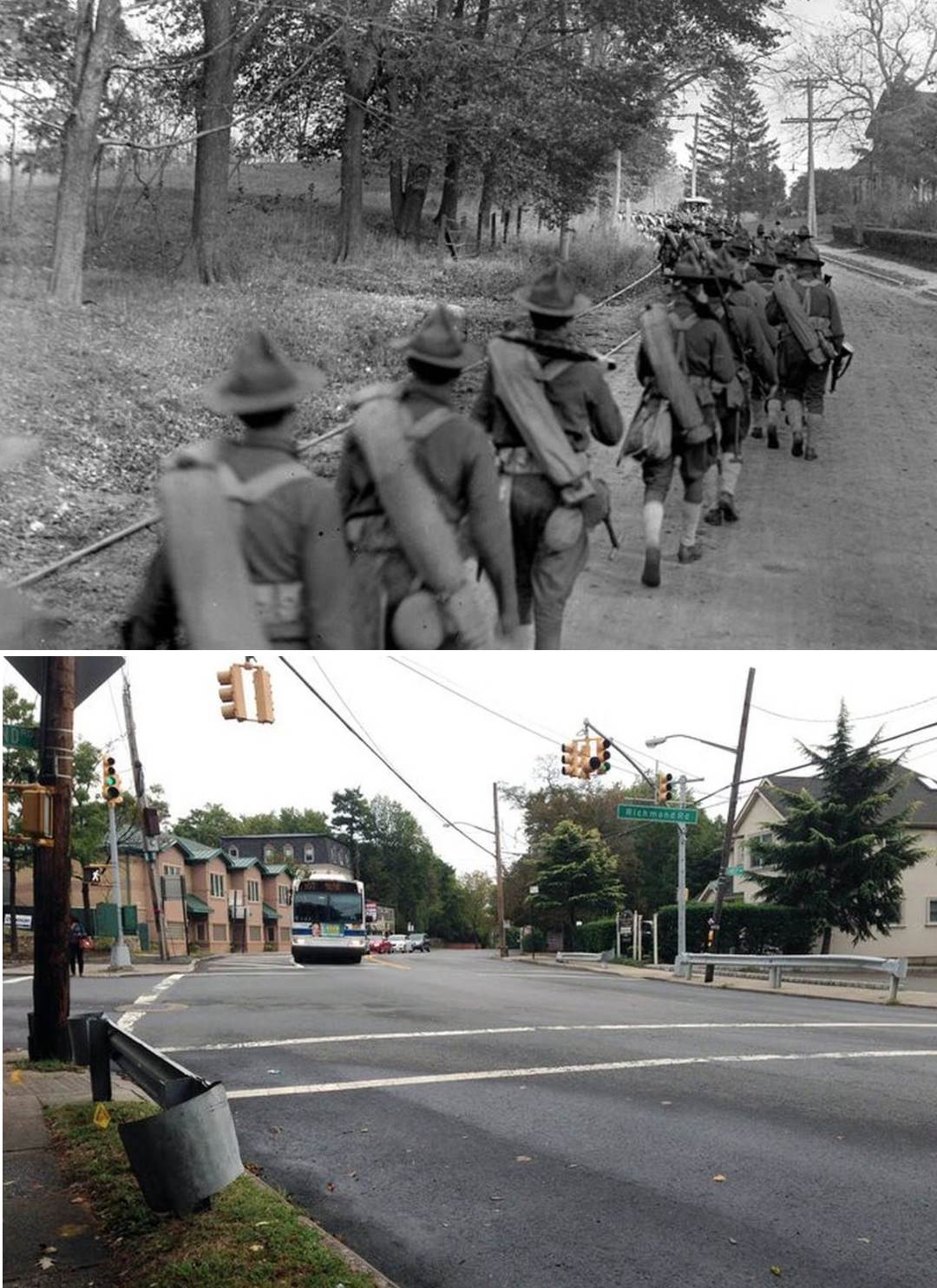 Soldiers March On Amboy Road Near Richmond Road In New Dorp, Captured On October 26, 1912. Second Photo Is From 2019