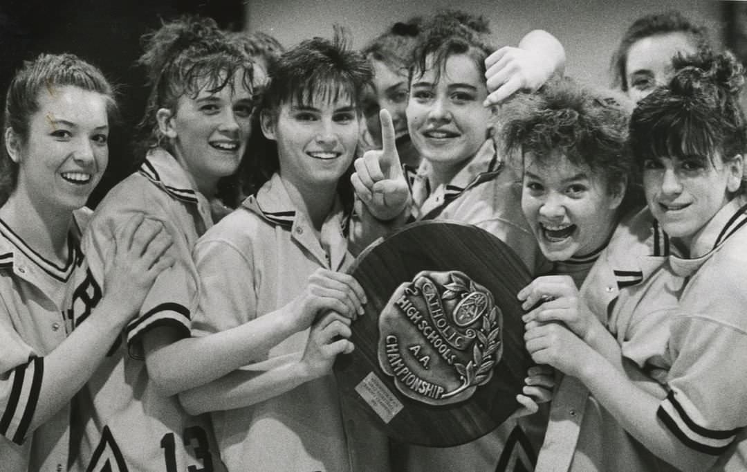 St. Peter'S Girls' Basketball Team Holds Archdiocesan Championship Plaque, 1990.