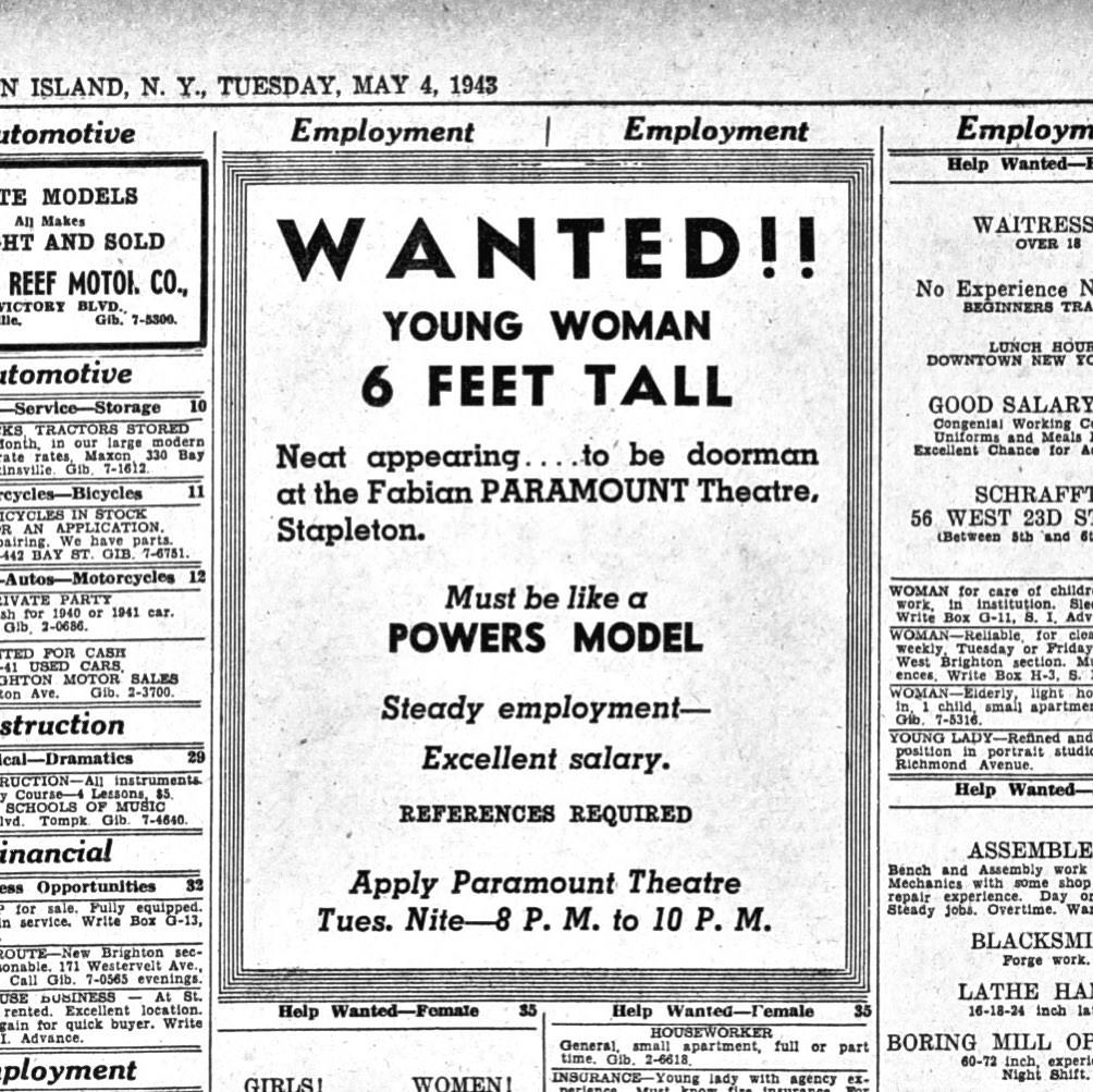Wanted: Six-Foot Tall Woman For Doorman At Paramount Theatre In Stapleton, 1943.