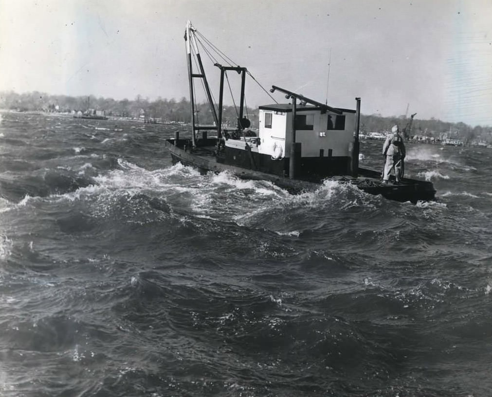Buoy Tender In Great Kills Harbor Finds Tough Sailing, Wind Gusts Up To 60 Mph, 1967.