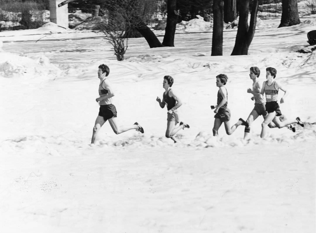 Runners Sprint Through Snow Drifts At St. Peter'S Boys High School During The Blizzard Of '78, 1978.