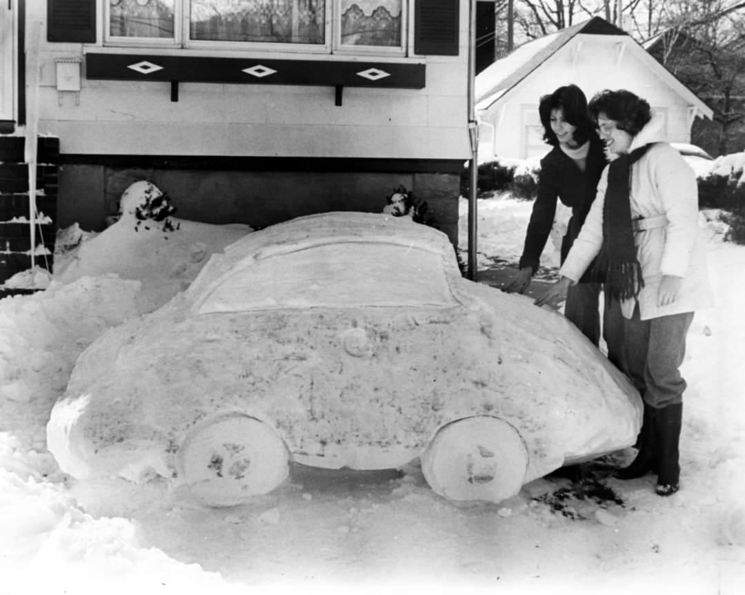 Blizzard Of '78, Bonnie Timmerman And Arlene Fallon Admire A Convincing Replica Of A Volkswagen Constructed By Mrs. Timmerman'S Husband In Great Kills, 1978.