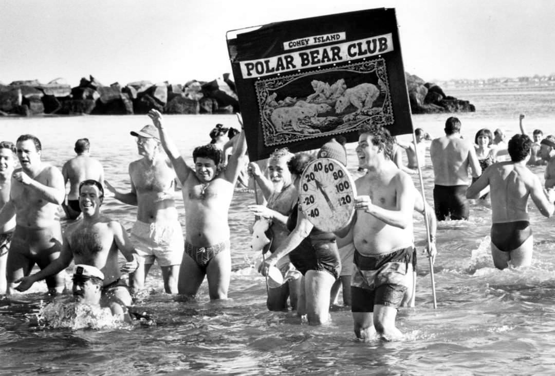 Members Of The Polar Bear Club Dip Into Coney Island Waters, 1991.