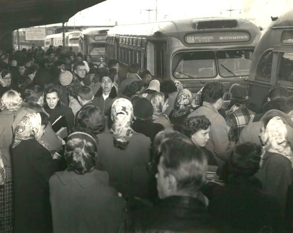 The Commute! Bus Ramp At The St. George Ferry Terminal Is Crowded With Commuters, 1953