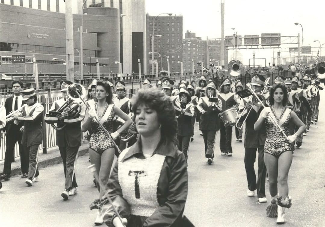The Tottenville High School Marching Band Heads South Next To The Fdr Drive In Manhattan, 1985.