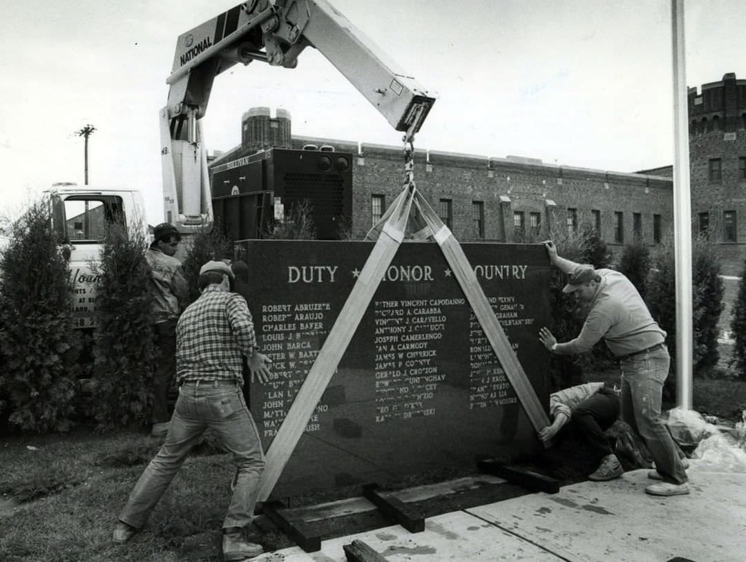Workers Install Part Of The Staten Island Vietnam Memorial At The Manor Road Armory, May 1988.