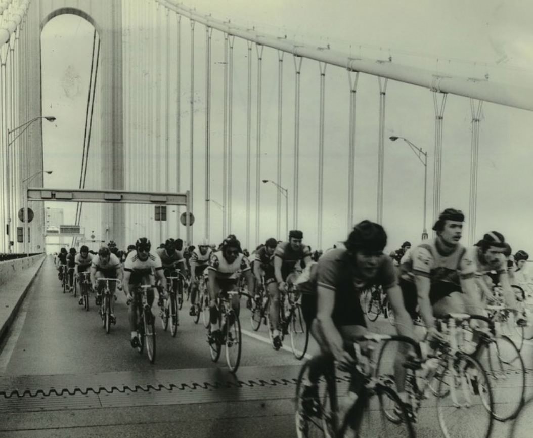 Breaking Rules During The Annual Apple Lap Bike Race Across The Verrazzano-Narrows Bridge, 1979.