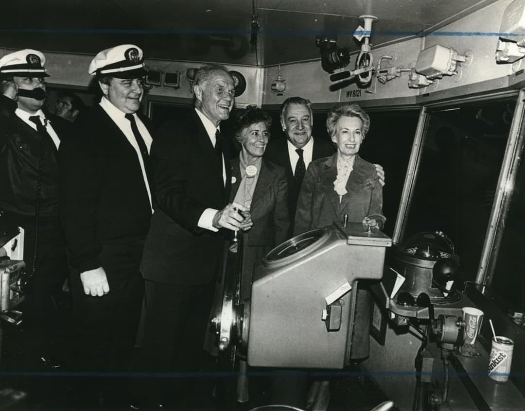 Astronaut John Glenn Pilots The Staten Island Ferry While Campaigning For President, 1983.