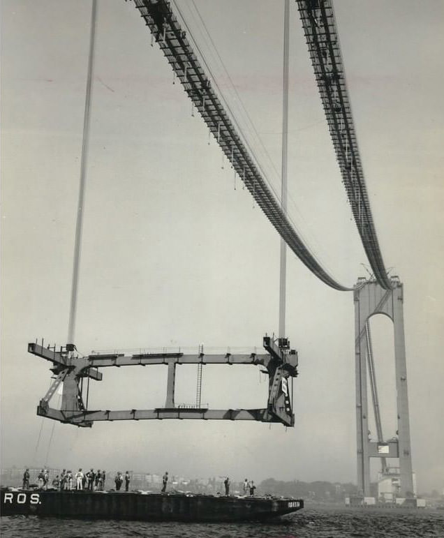 First Section Of Roadway Steel For The Verrazzano-Narrows Bridge Is Hoisted Into Place, 1963.