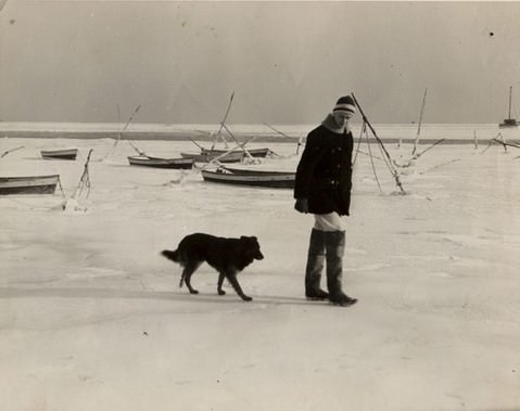 New York Bay At Great Kills Iced Over, Allowing Walk With Dog, 1936.