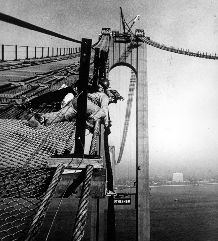 The Verrazzano Narrows Bridge Construction Crew Have A Dizzying View Of The Narrows, 1963.