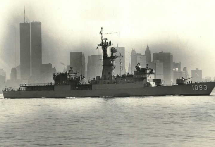 U.s.s. Reverend Vincent Capodanno Exits New York Harbor With Twin Towers In Background After Weekend At Howland Hook, 1981.