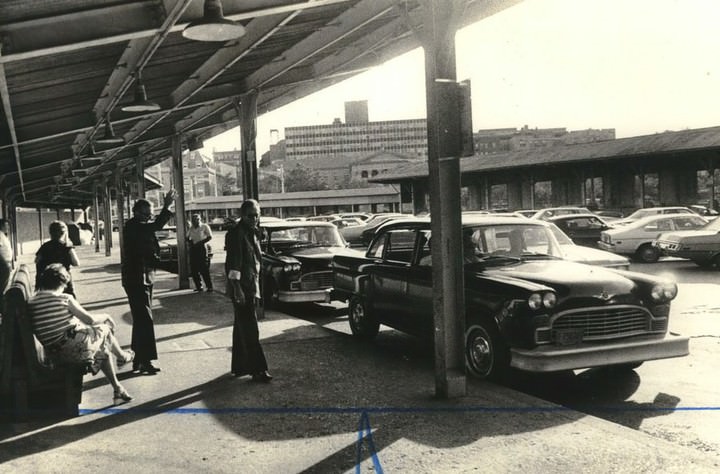 Taxis Line At The St. George Ferry Terminal, 1981.