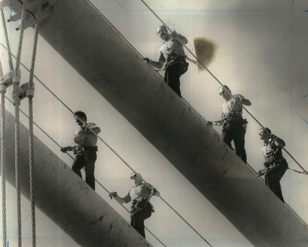 Nypd Emergency Services Unit Officers In A Mock Rescue Exercise On The Verrazzano-Narrows Bridge, 1987.